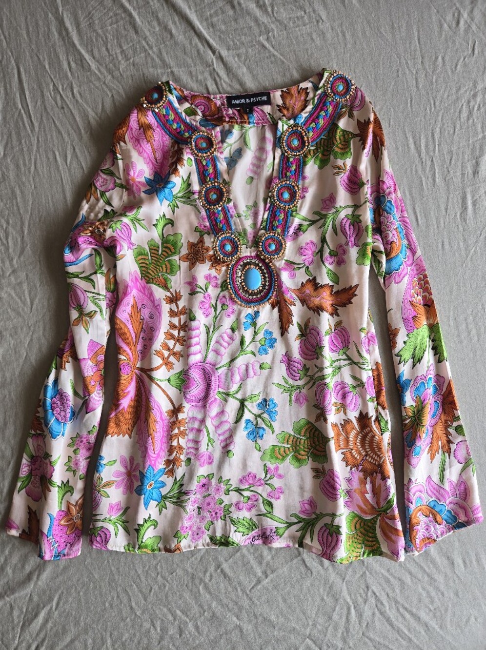Pink Floral Silk Beaded V-Neck Tunic